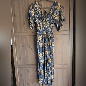 Final Touch Gray and Yellow Floral Maxi Pant Dress with Pockets Size Small